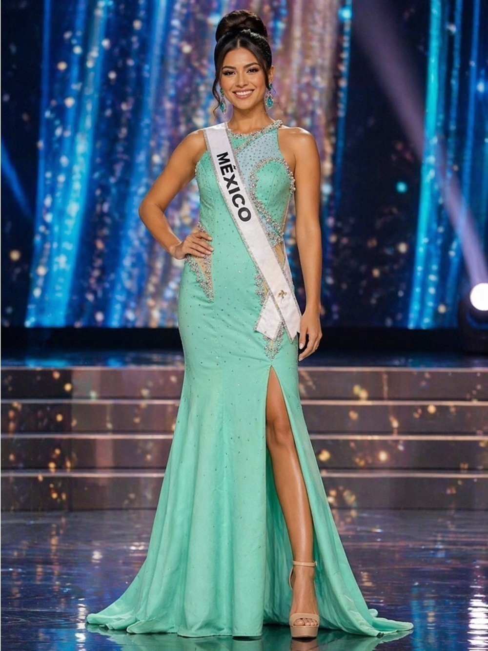 Size 6 Aqua Pastel Green Seafoam Slit fitted prom dress gown Unique Pearl work